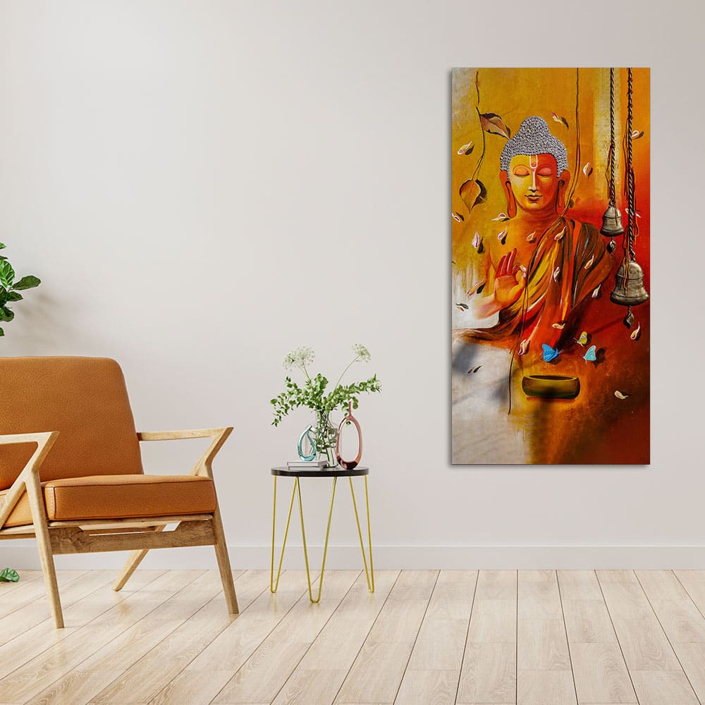 Lord Buddha with Leaves Canvas Wall Painting