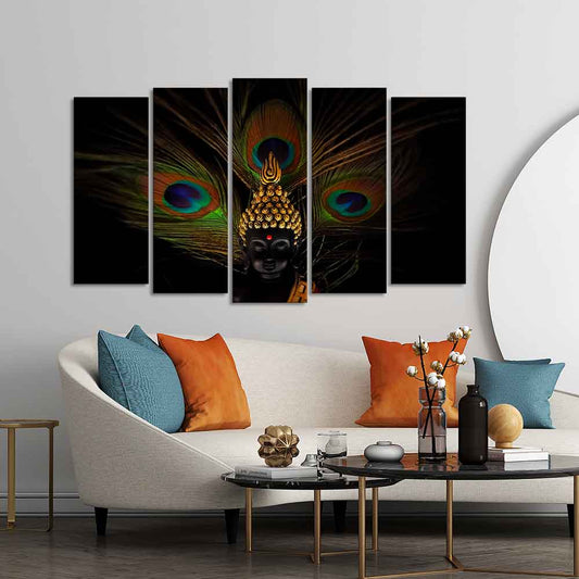 Lord Buddha With Peacock Feather Wall Painting of Five Pieces Set