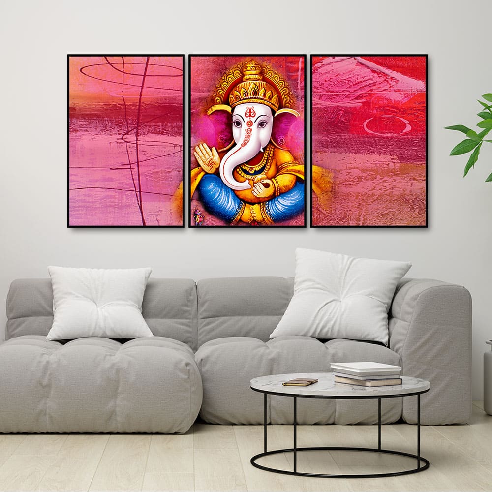 Lord Ganesha Abstract Art Floating Canvas Wall Painting Set of Three