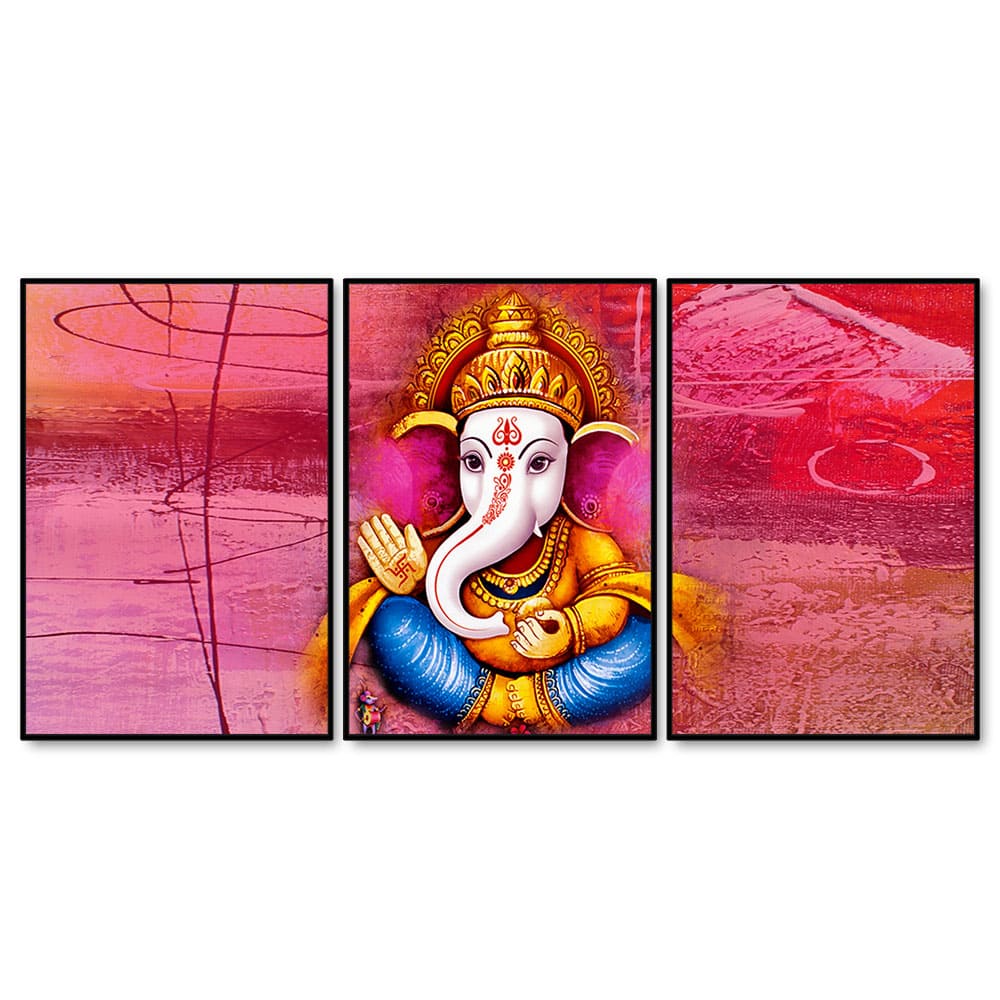 Lord Ganesha Abstract Art Floating Canvas Wall Painting Set of Three