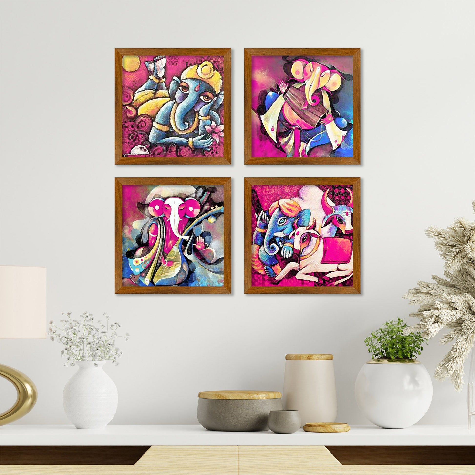 Lord Ganesha Abstract Art Wooden Wall Frame Set of Four