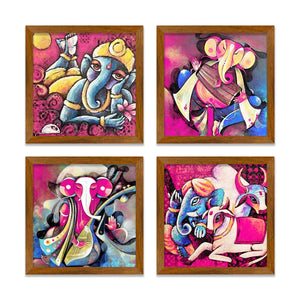 Lord Ganesha Abstract Art Wooden Wall Frame Set of Four