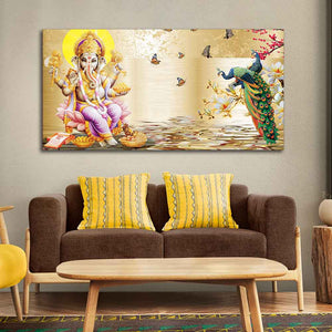 Lord Ganesha and Peacocks Canvas Wall Painting