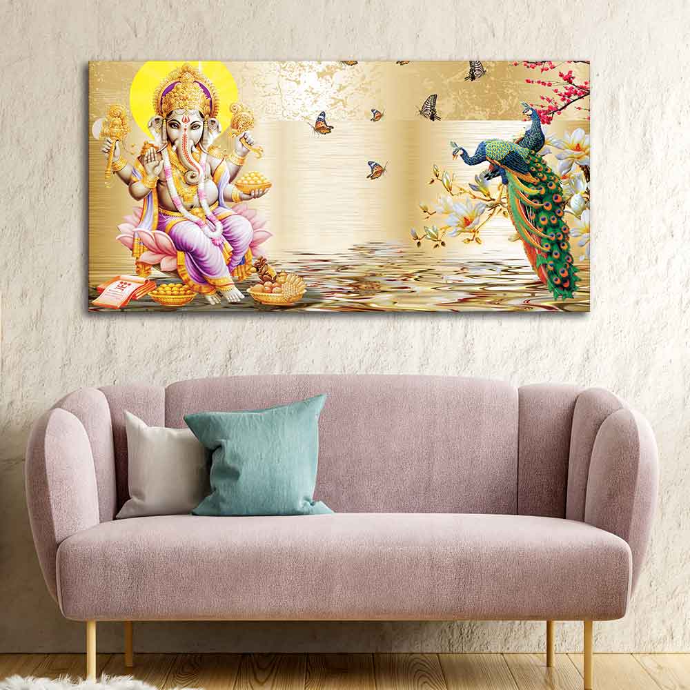 Lord Ganesha and Peacocks Canvas Wall Painting