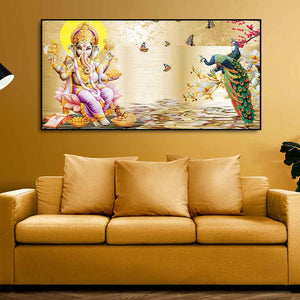 Lord Ganesha and Peacocks Canvas Wall Painting