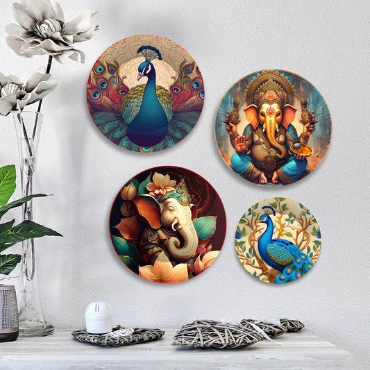 Lord Ganesha and Peacocks Premium Wall Plates Painting Set of Four