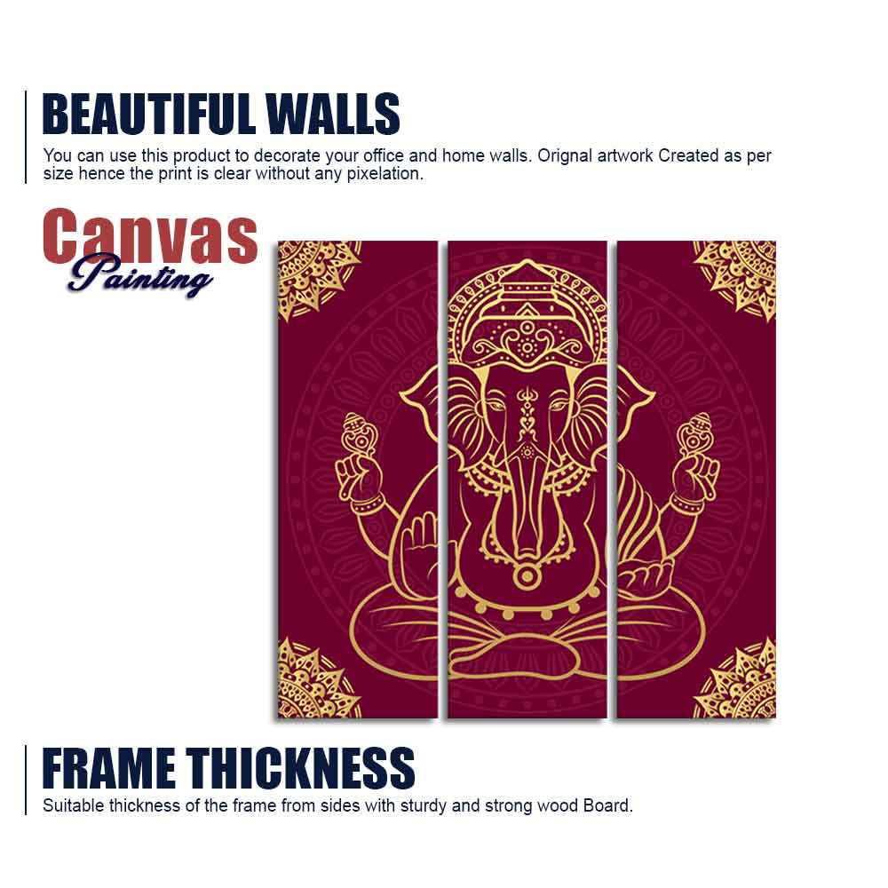 Lord Ganpati Canvas Wall Painting of Three Pieces