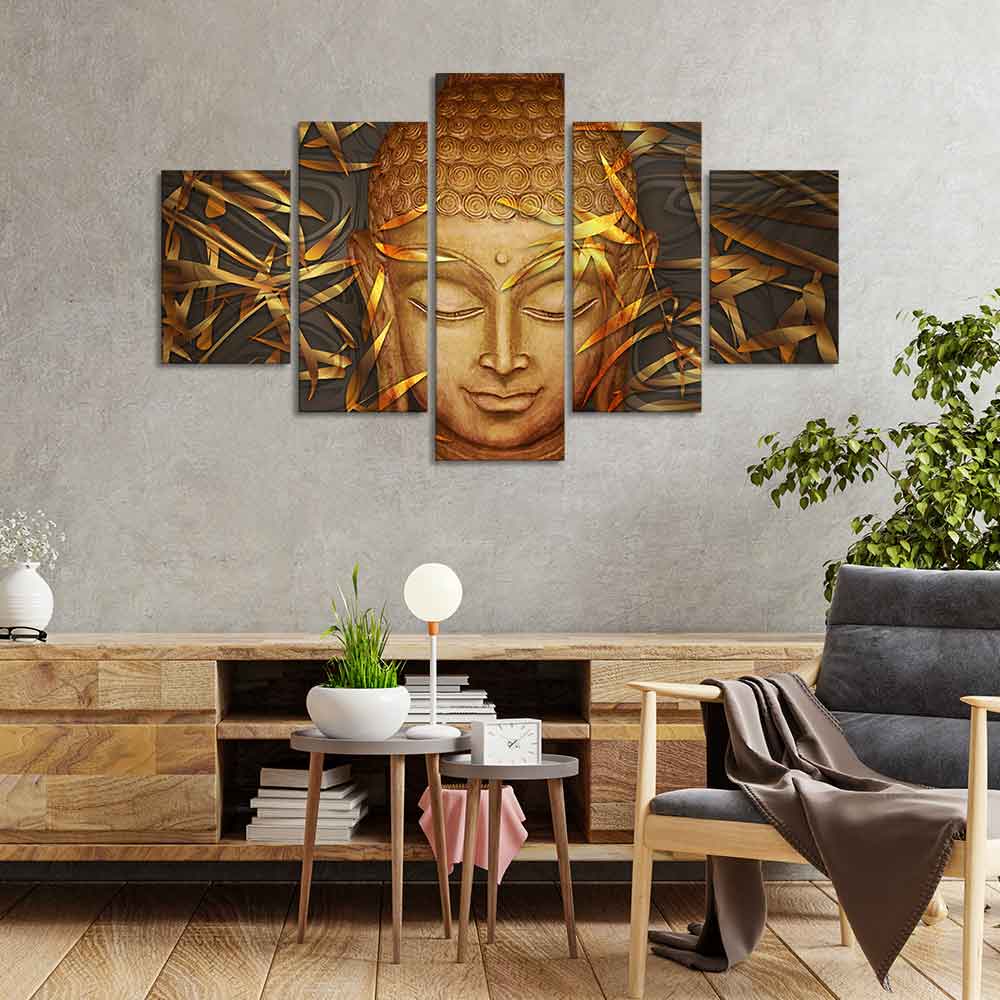 Lord Gautam Buddha with Serene Smile Wall Painting of Five Pieces