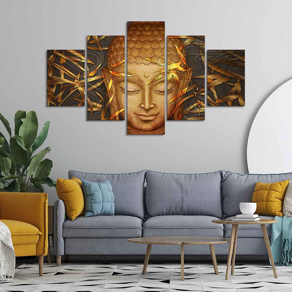 Lord Gautam Buddha with Serene Smile Wall Painting of Five Pieces