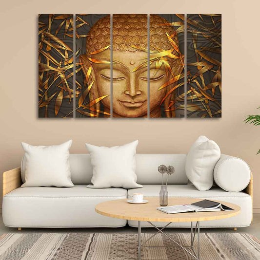 Lord Gautam Buddha with Serene Smile Wall Painting Set of Five Pieces