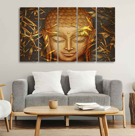 Lord Gautam Buddha with Serene Smile Wall Painting Set of Five Pieces