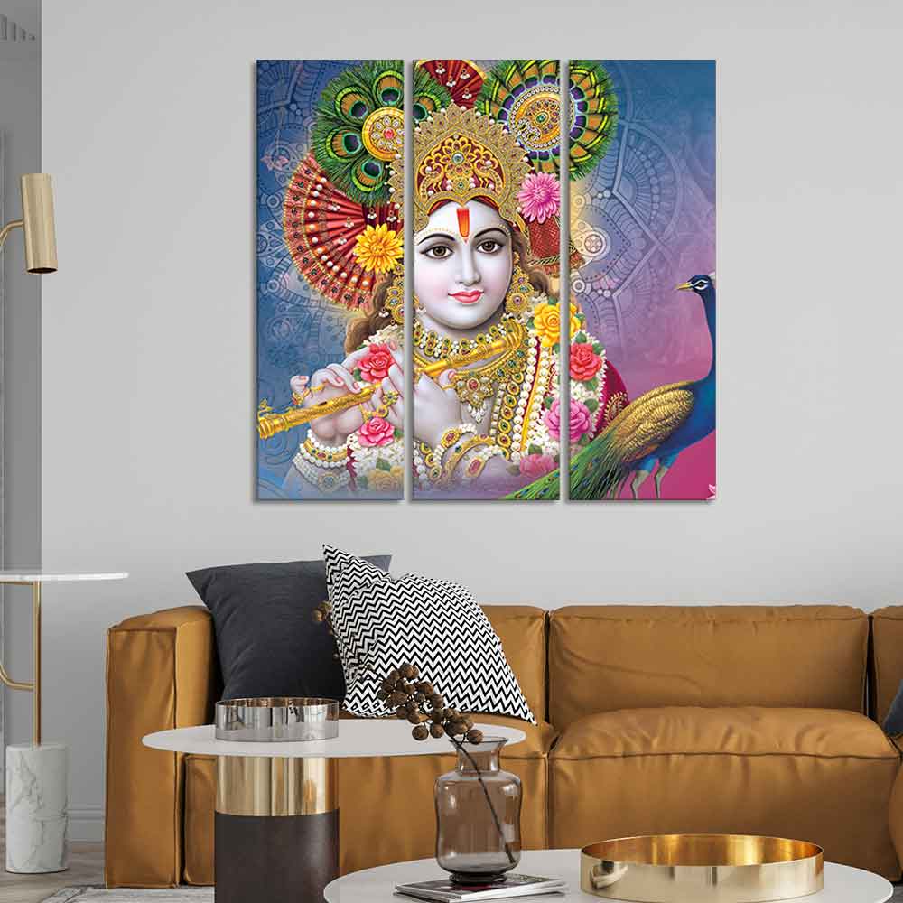 Lord Kanha Ji beautiful Wall Painting of 3 Panels