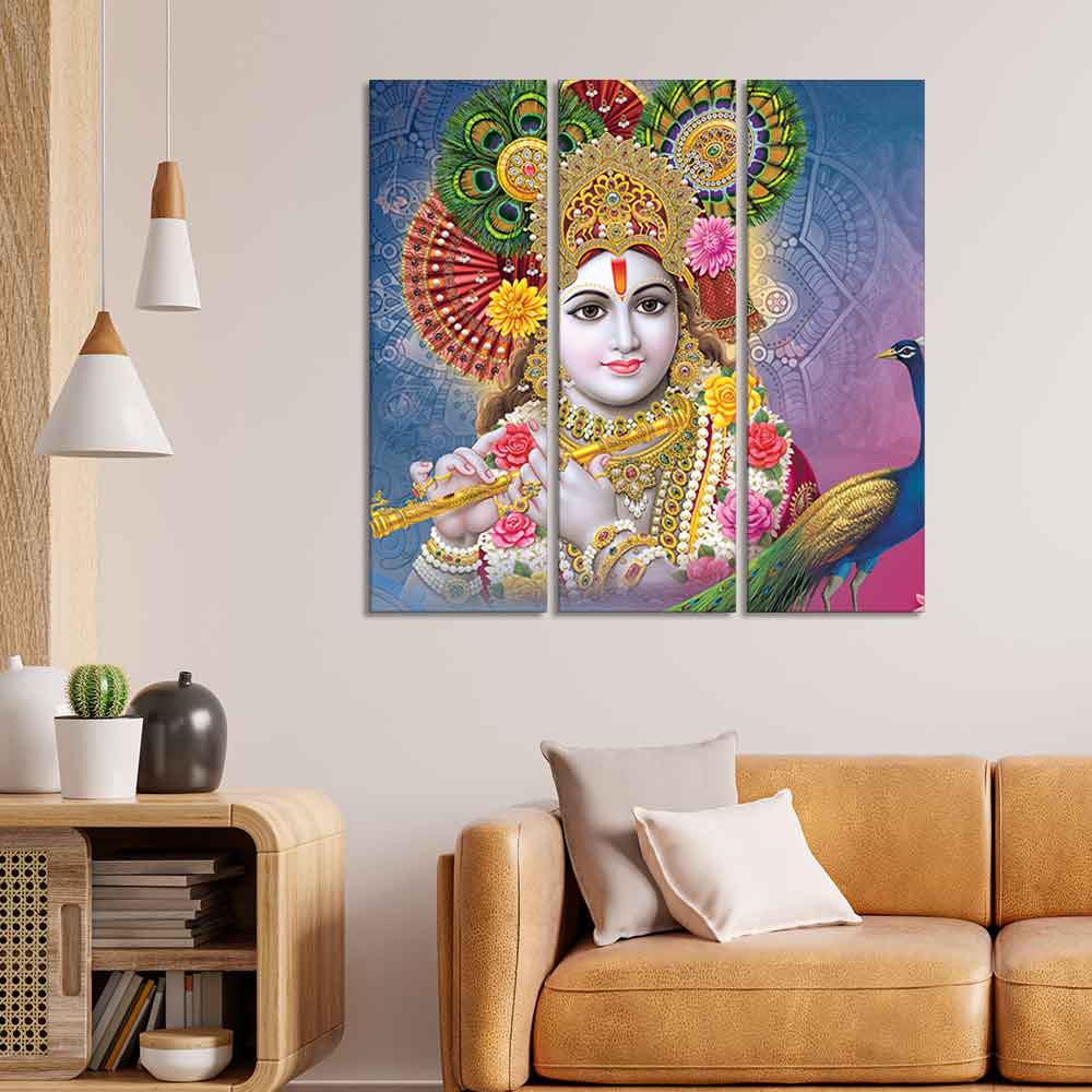 Lord Kanha Ji beautiful Wall Painting of 3 Panels