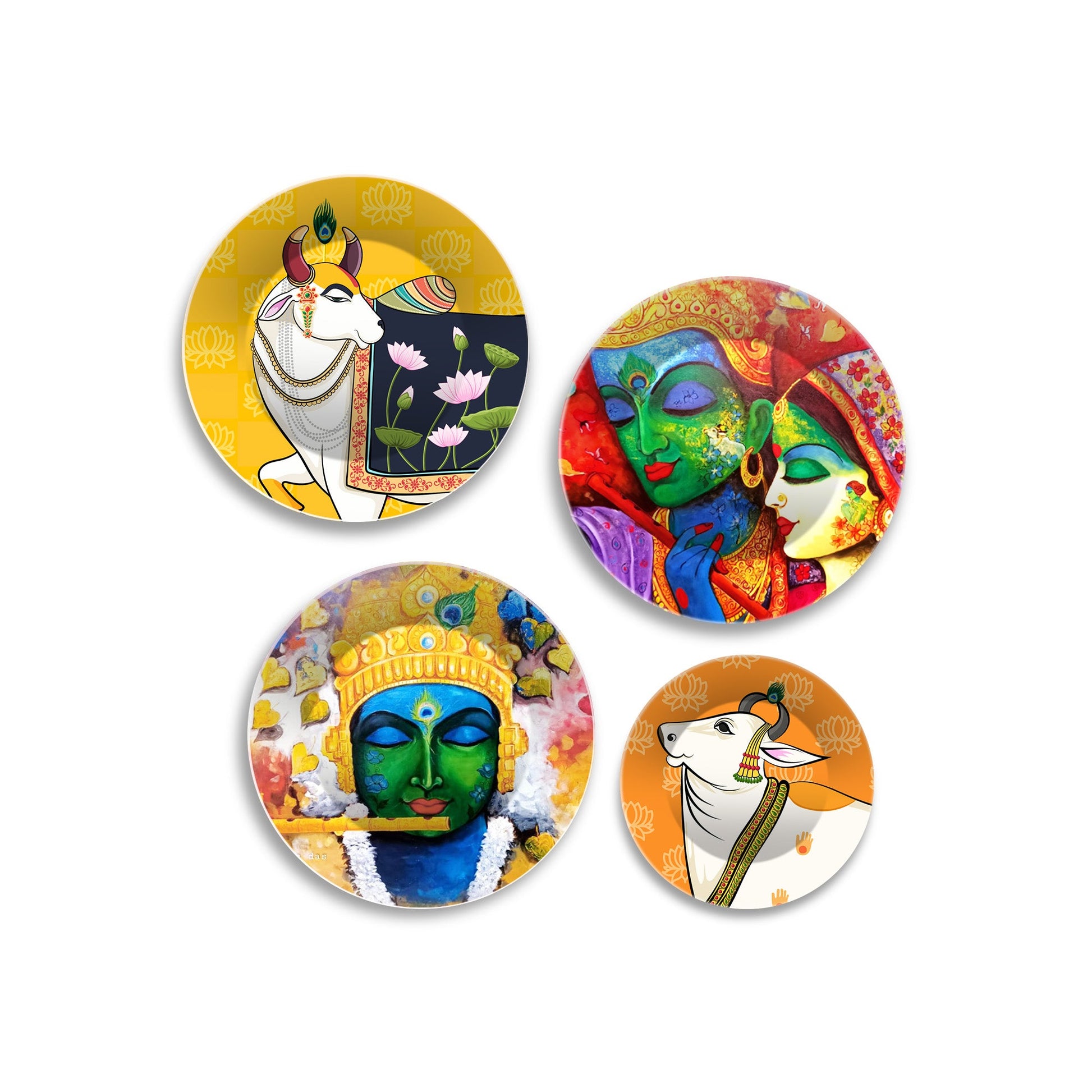 Lord Krishna and Cow Premium Wall Plates Painting Set of Four