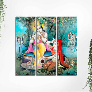 Lord Krishna in Vrindavan Canvas Wall Painting Set of Three