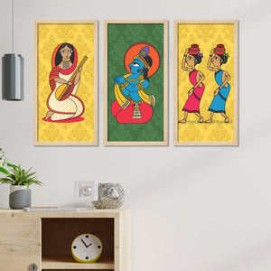 Lord Krishna Life Artistic Art Wall Frame Set of Three