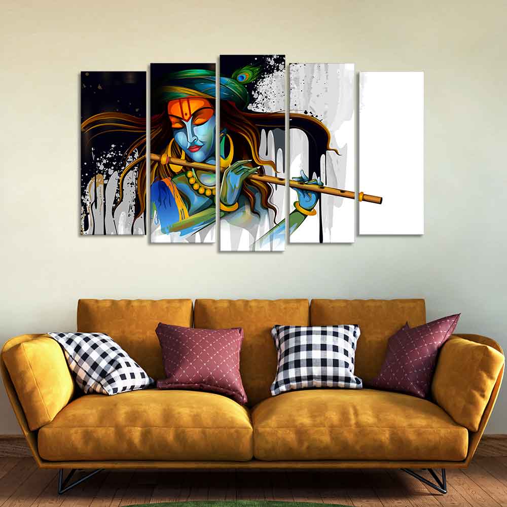 Lord Krishna Playing Flute 5 Pieces Canvas Wall Painting