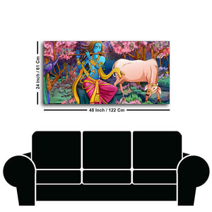 Lord Krishna Playing Flute Pink Trees in Background Canvas Wall Painting