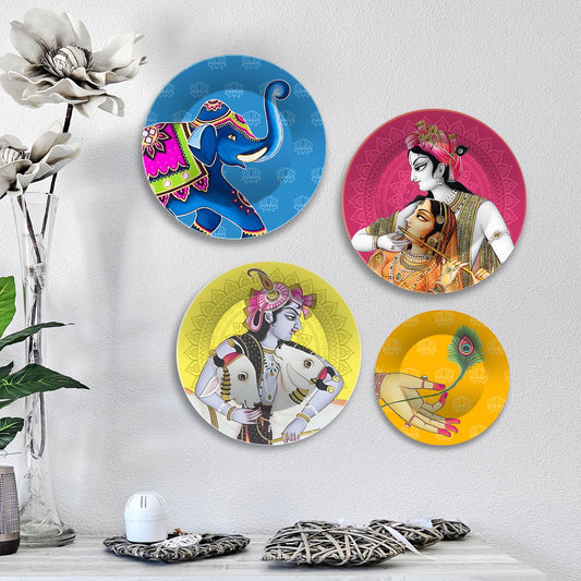 Lord Krishna with Cows Premium Wall Plates Painting Set of Four