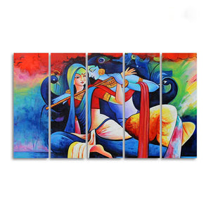 Lord Radha Krishan Playing Flute Canvas Wall Painting Five Panel Set