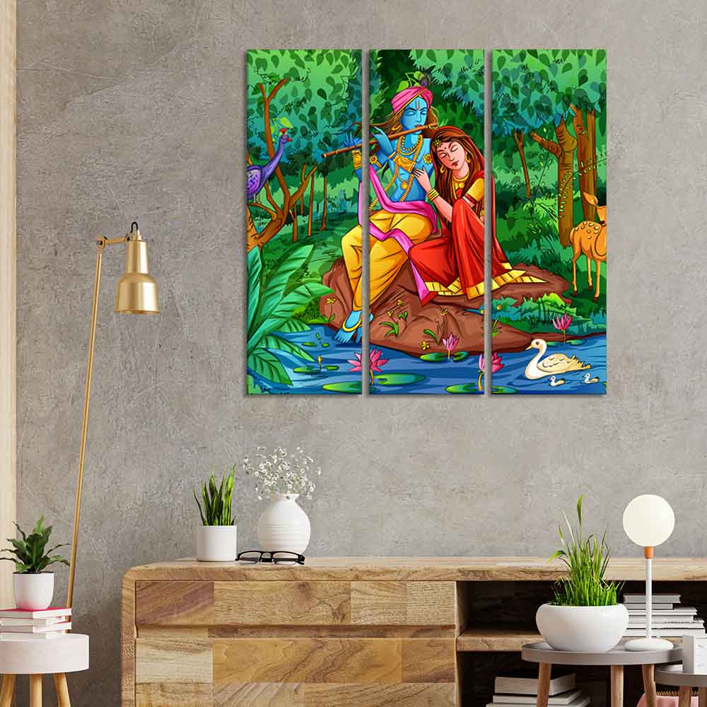 Lord Radha Krishna in Forest Wall Painting 3 Pieces