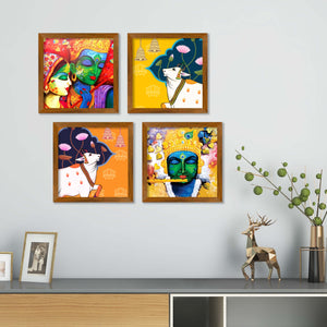 Lord Radha Krishna Playing with Flute Wall Frame Set of Four