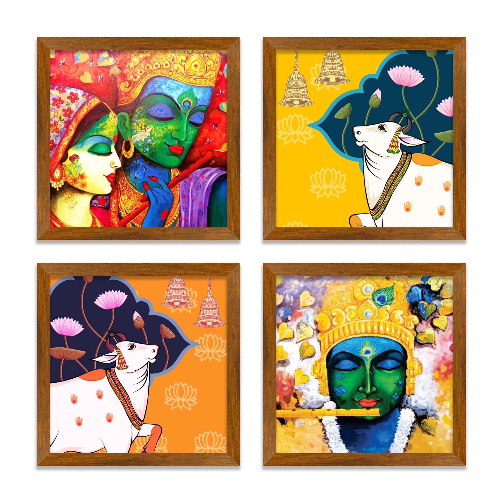 Lord Radha Krishna Playing with Flute Wall Frame Set of Four