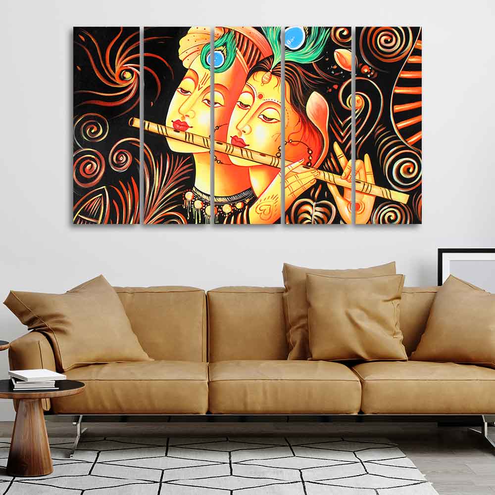 Lord Radha Krishna with Flute Five Pieces Canvas Custom Wall Painting ...