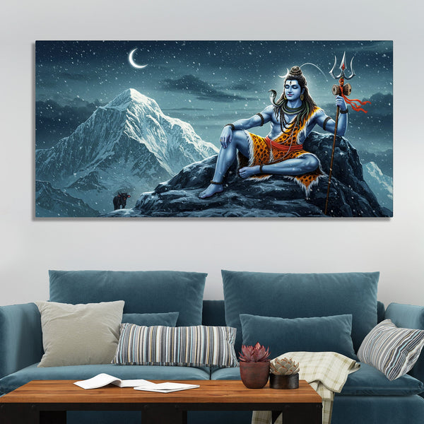 Lord Shiva in Himalayas Canvas Wooden Wall Painting