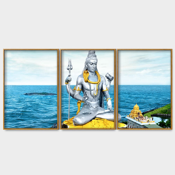 Lord Shiva Statue Floating Canvas Wall Painting Set of Three