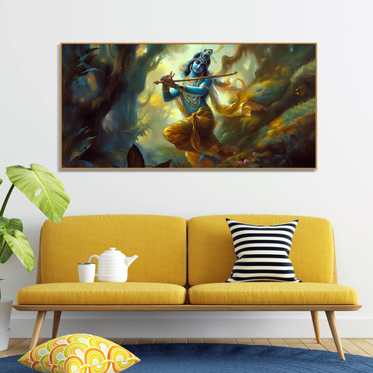 Lord Shri Krishna Playing with Flute Canvas Wall Painting