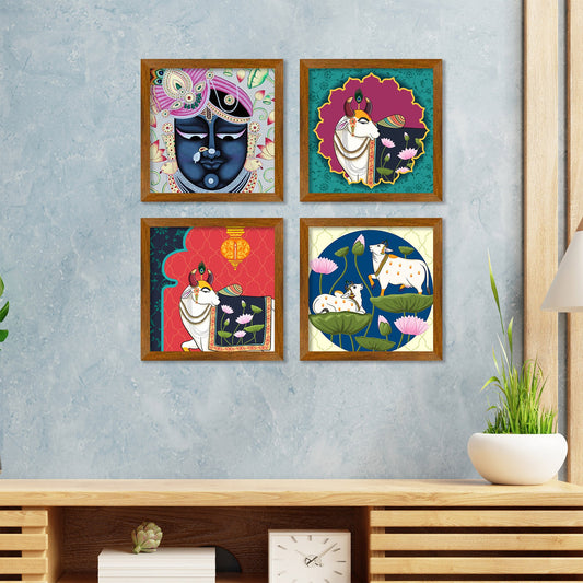 Lord Shrinathji Pichwai Cow Wooden Wall Frame Set of Four