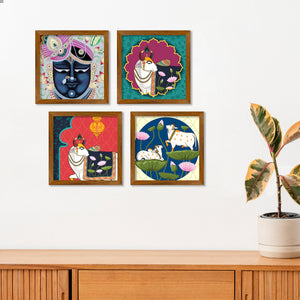 Lord Shrinathji Pichwai Cow Wooden Wall Frame Set of Four