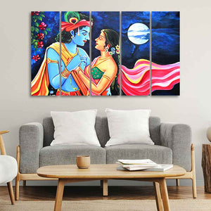 Love of Lord Radha Krishna Canvas Wall Painting Set of Five Panel