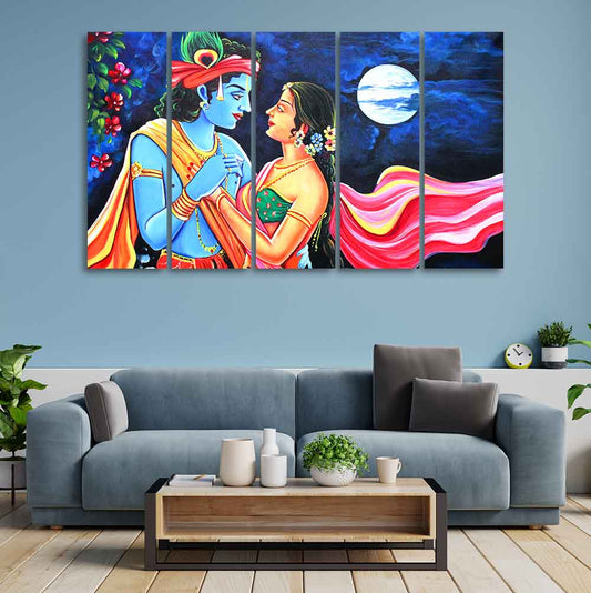 Love of Lord Radha Krishna Canvas Wall Painting Set of Five Panel