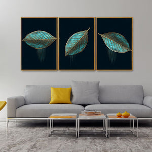 Luxurious Abstract Art of Modern Green Leaves Floating Canvas Wall Painting Set of Three