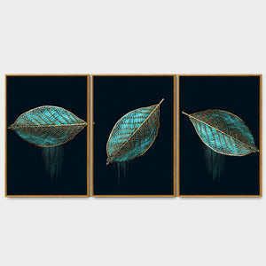 Luxurious Abstract Art of Modern Green Leaves Floating Canvas Wall Painting Set of Three