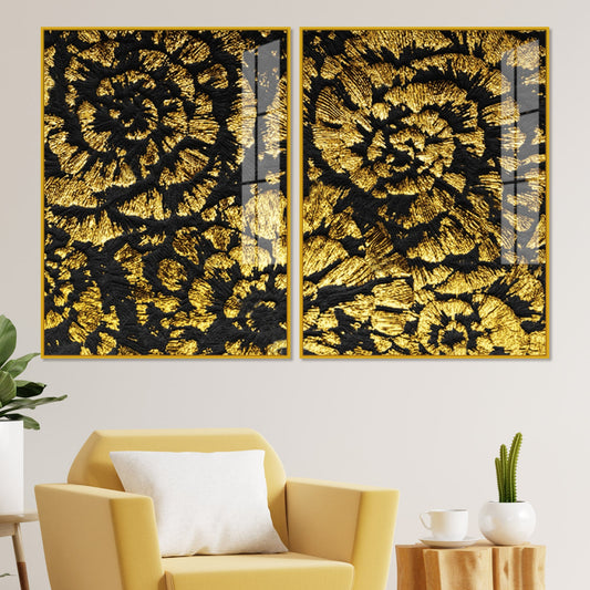 Luxurious Abstract Golden Textural Art Acrylic Floating Wall Painting Set Of 2