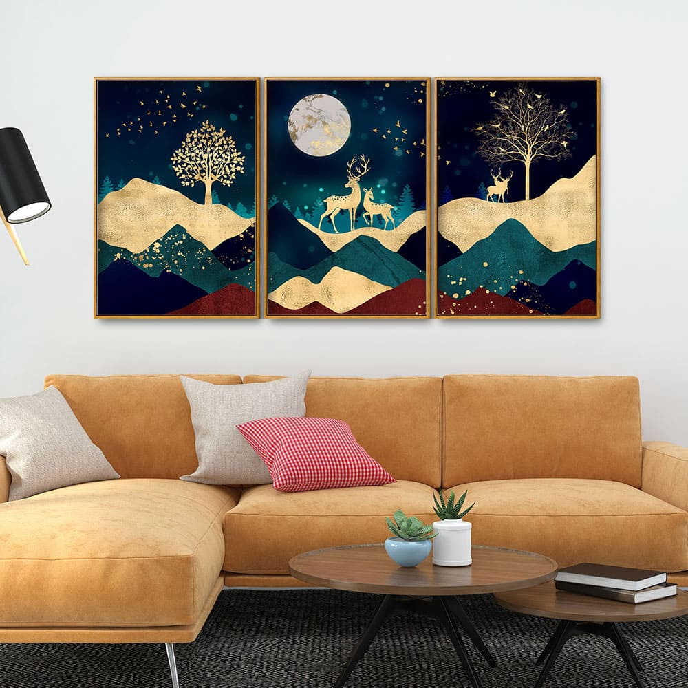 Luxurious Modern Art of Mountains and Deer Floating Canvas Wall Painting Set of Three