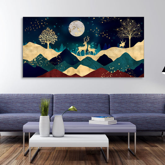 Luxurious Modern Art of Mountains and Golden Tropical leaves Canvas Wall Painting