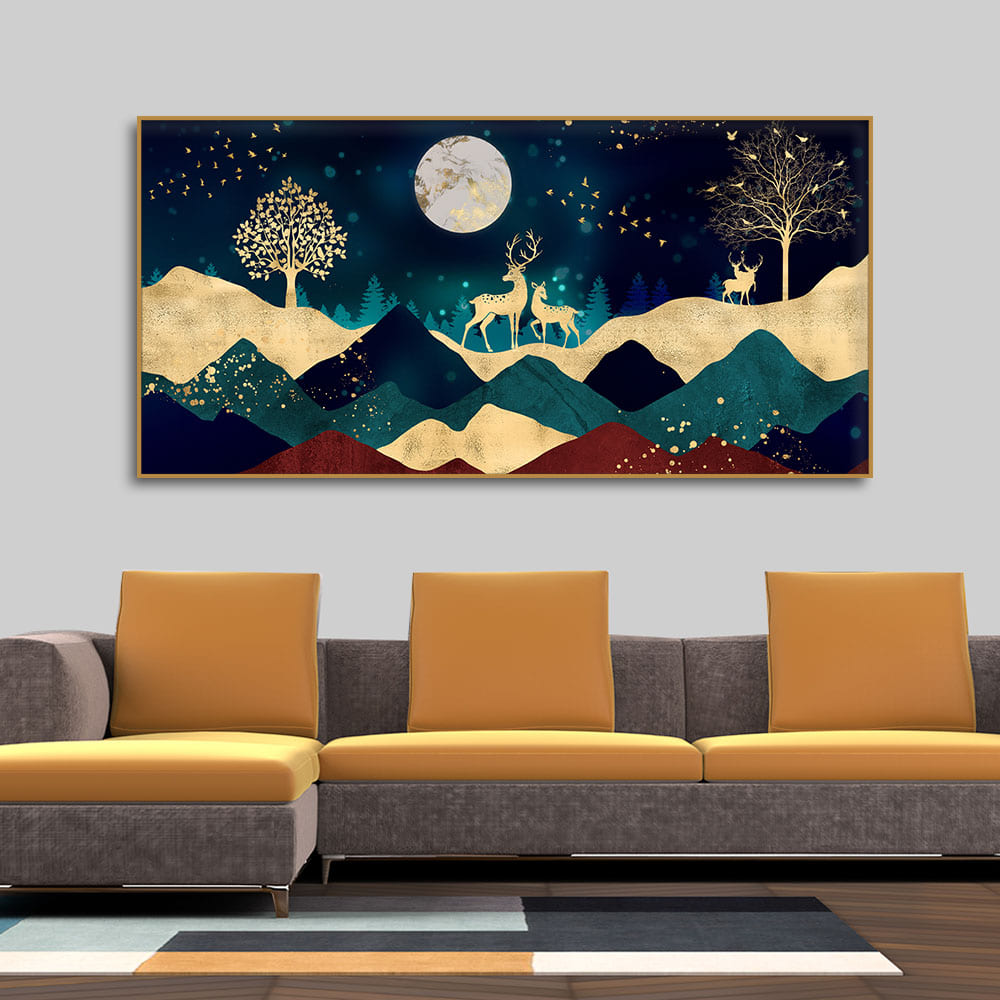 Luxurious Modern Art of Mountains and Golden Tropical leaves Canvas Wall Painting Premium Wall Painting