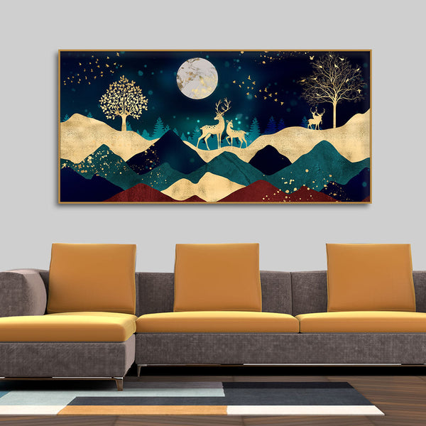 Luxurious Modern Art of Mountains and Golden Tropical leaves Canvas Wall Painting