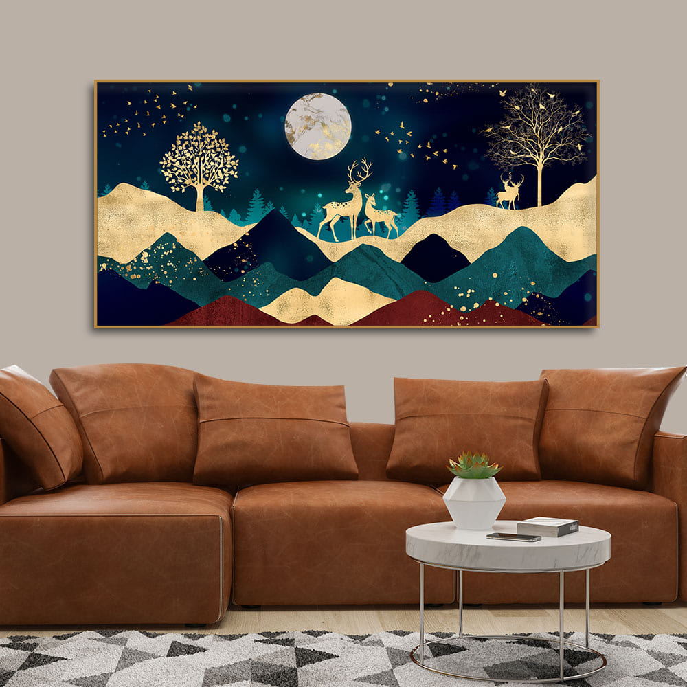Luxurious Modern Art of Mountains and Golden Tropical leaves Canvas Wa