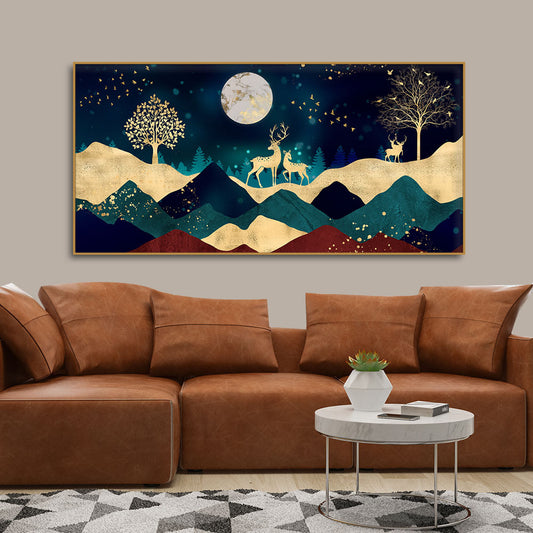 Luxurious Modern Art of Mountains and Golden Tropical leaves Canvas Wall Painting