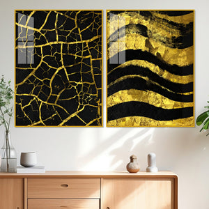 Luxury Black and Gold Marble Texture Acrylic Floating Wall Painting Set Of 2