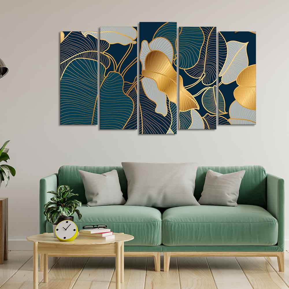 Luxury Golden Art Monstera Leaves Five Pieces Canvas wall Painting