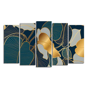 Luxury Golden Art Monstera Leaves Five Pieces Canvas wall Painting