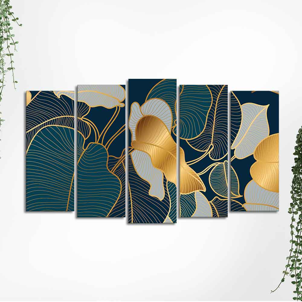 Luxury Golden Art Monstera Leaves Five Pieces Canvas wall Painting