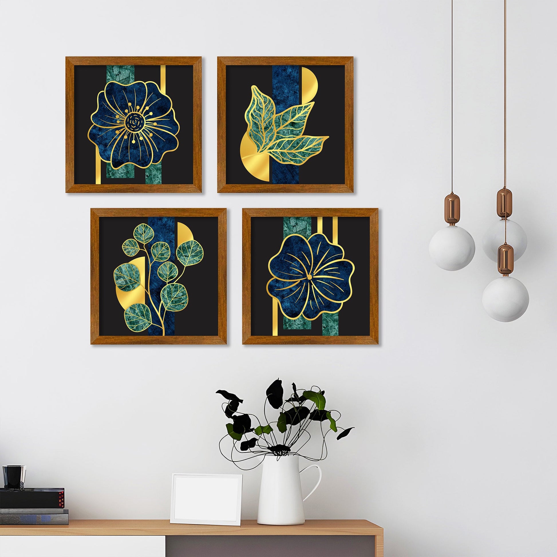 Luxury Golden Leaf Pattern Art Wooden Wall Frame Set of Four