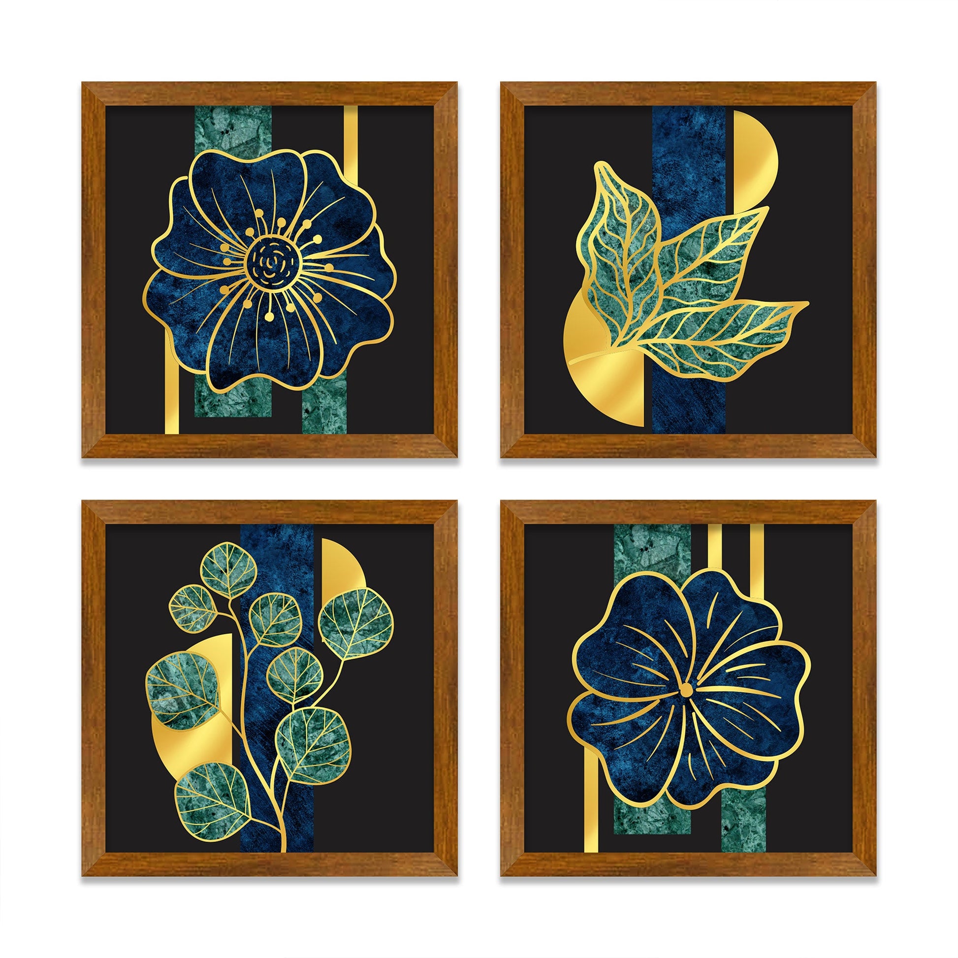 Luxury Golden Leaf Pattern Art Wooden Wall Frame Set of Four